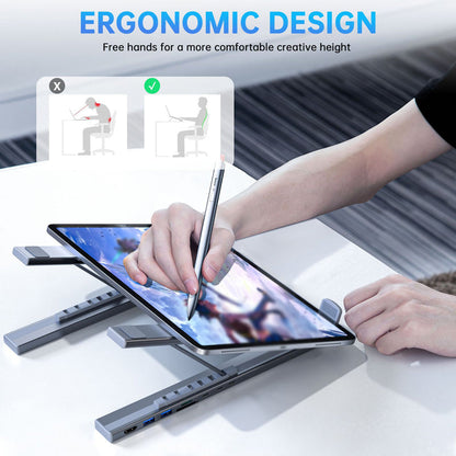🌞Fris Je Werkplek Op met 50% Korting!🎒Premium 2-in-1 Aluminium Laptopstandaard + USB-C Docking Station: Ergonomisch, Opvouwbaar, 4K HDMI & 8 Poorten voor Elke Lenteavontuur!