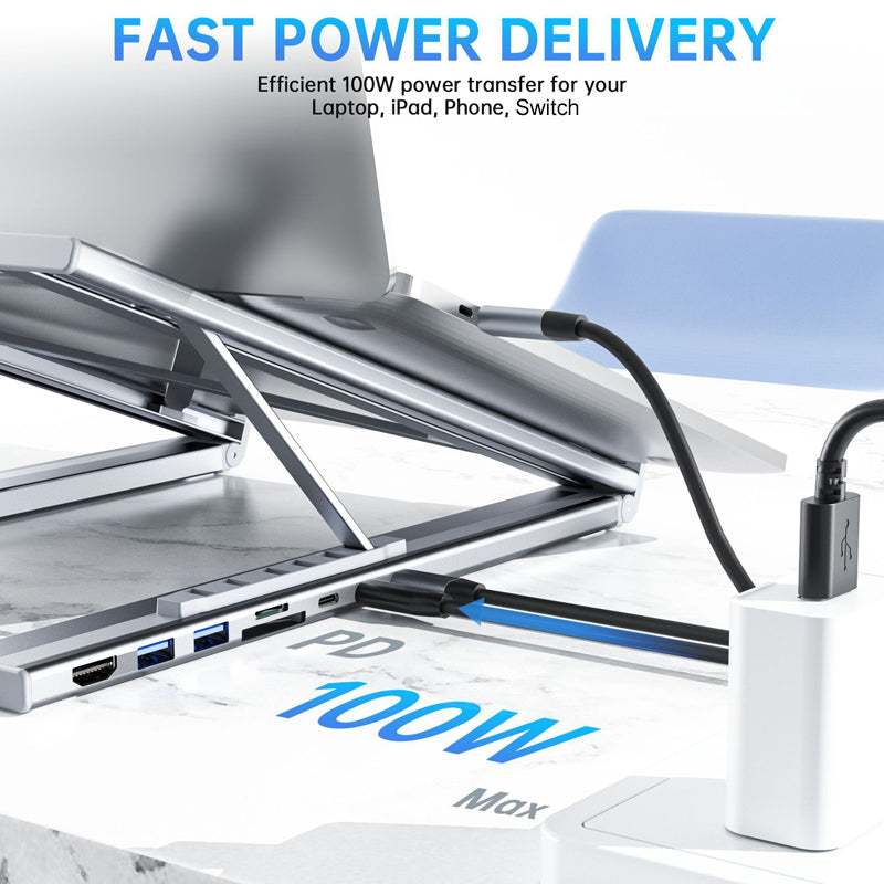 🌞Fris Je Werkplek Op met 50% Korting!🎒Premium 2-in-1 Aluminium Laptopstandaard + USB-C Docking Station: Ergonomisch, Opvouwbaar, 4K HDMI & 8 Poorten voor Elke Lenteavontuur!
